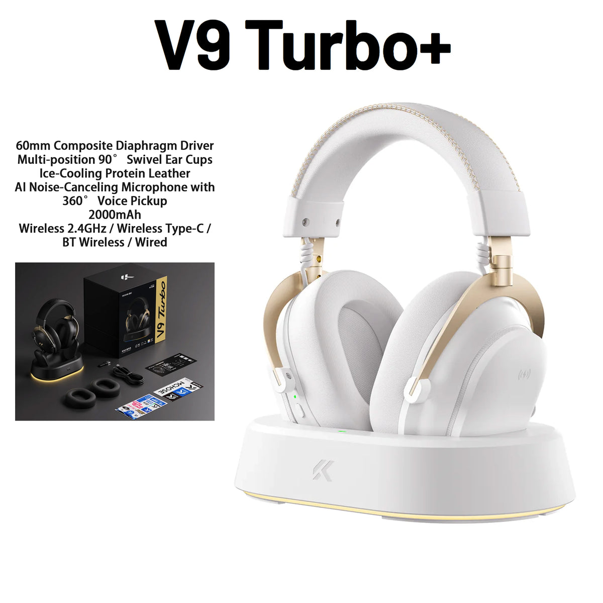 MCHOSE V9 Turbo+ E-sports Magnetic Wireless Gaming Headset 7.1 Surround Sound 90° Swivel Ear Cups Low Latency Magnetic Charging