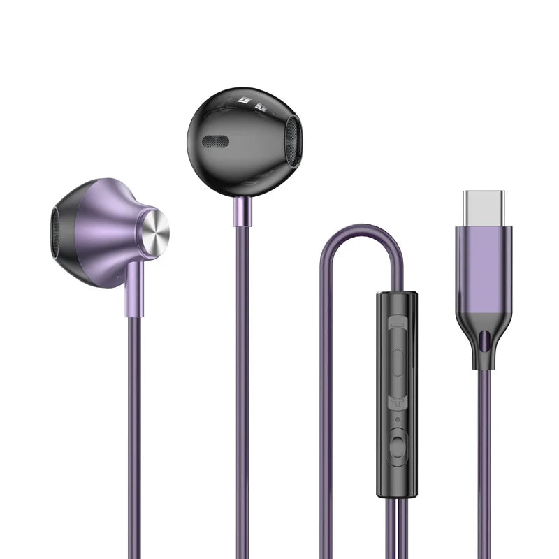 USB Type C Headphones HiFi Bass Stereo Volume Control Music 3.5mm Wired Earbuds With Mic For Galaxy S24 Ultra iPhone 15 Pro Max