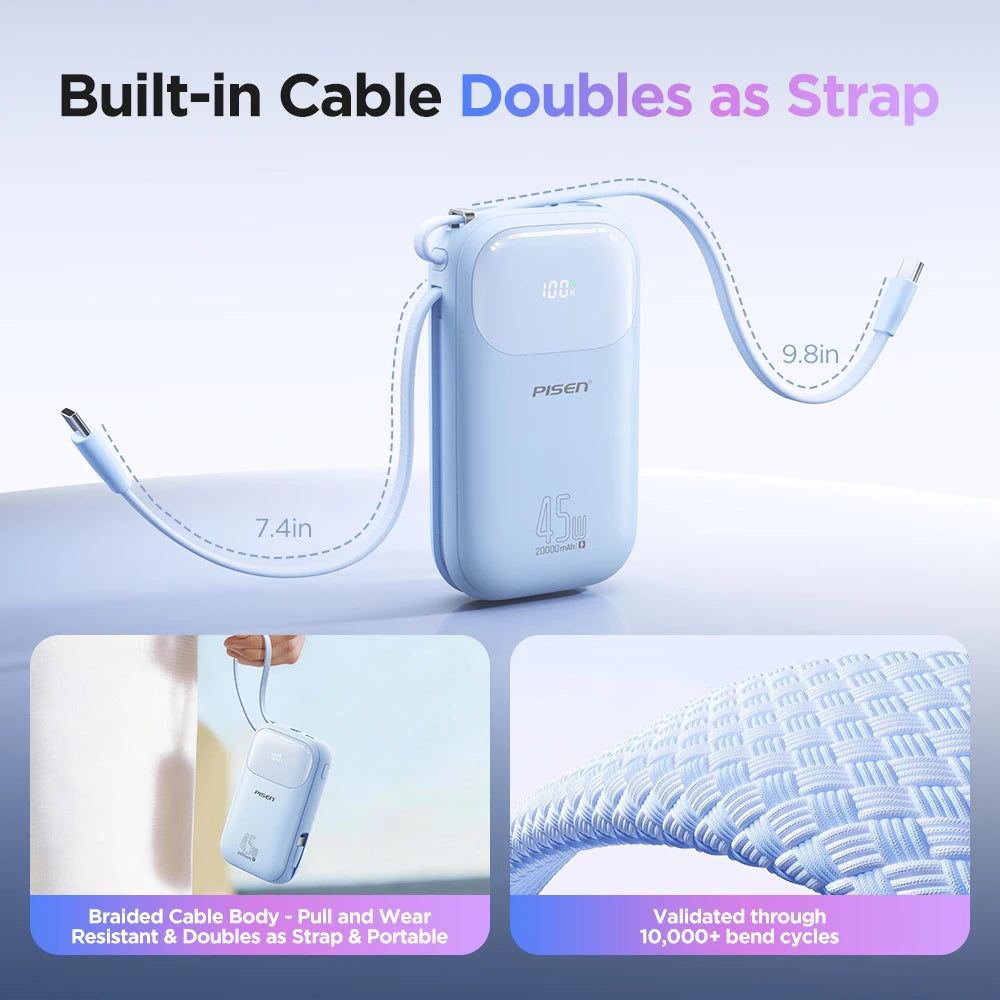 PISEN 45W Fast Charging Power Bank Built-in Dual USB-C Cable 10000mAh/ 20000mAh Mini Portable Powerbank For iPhone 17 Xiaomi