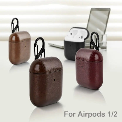 PU Leather Earphone Case for AirPods 1/2 Gen Earbuds Cover Wireless Headphone Protective Shell with Carabiner
