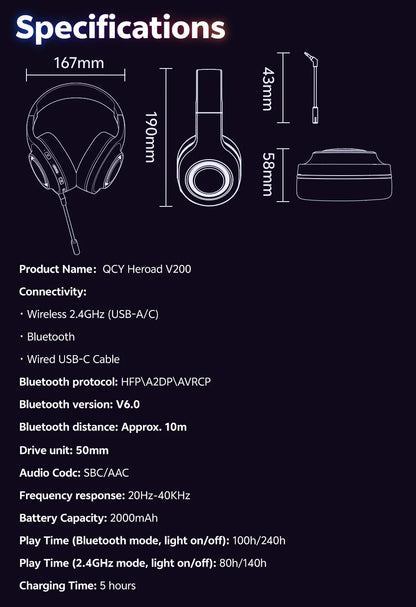QCY Heroad V200 Over Ear Headphones 50mm Driver 7.1 Surround Sound Headset Wireless Bluetooth 6.0 Earphones for PC Laptop PS4/5