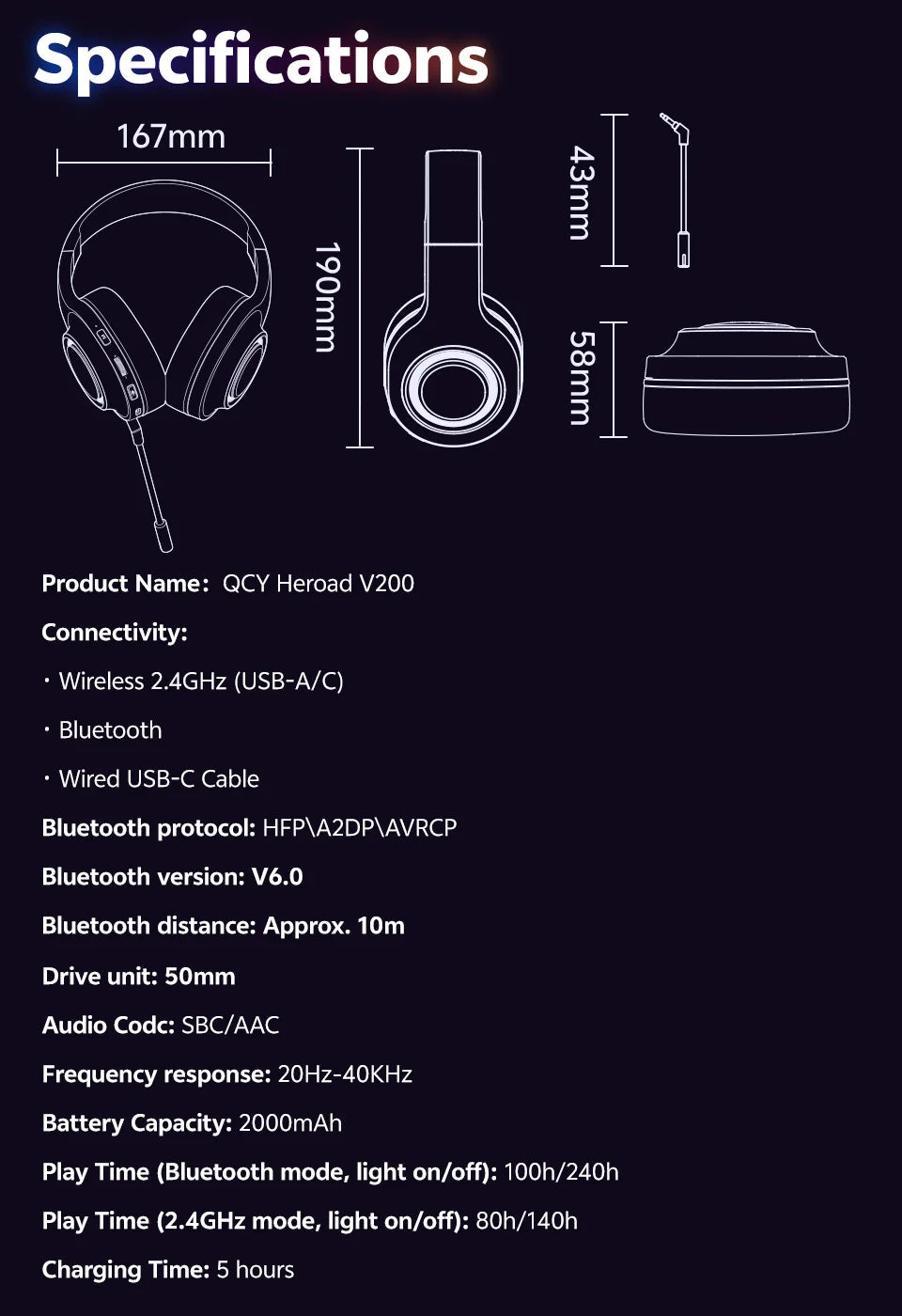 QCY Heroad V200 Over Ear Headphones 50mm Driver 7.1 Surround Sound Headset Wireless Bluetooth 6.0 Earphones for PC Laptop PS4/5
