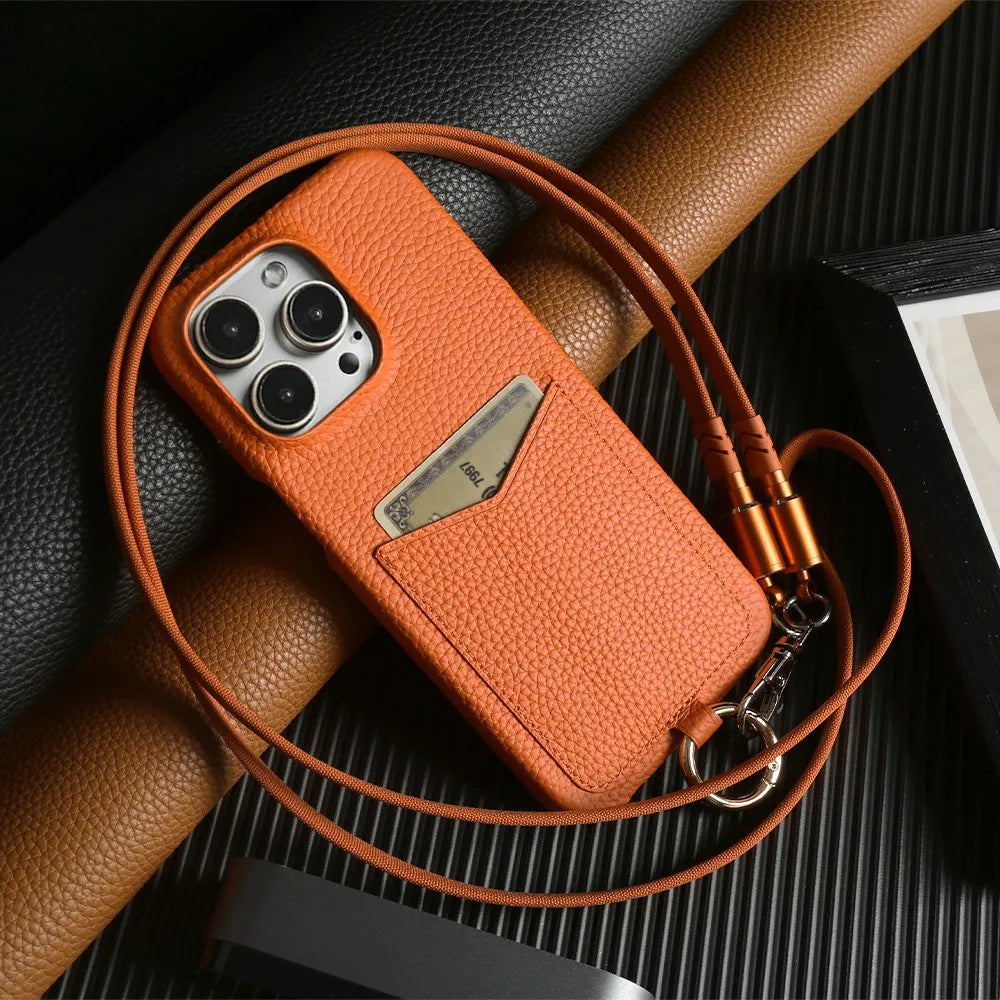 Multifunctional Charging Cable Lanyard Genuine Leather Case for IPhone 18 Pro Max 17Pro 16 15 14 13Pro Crossbody Strap Card Slot