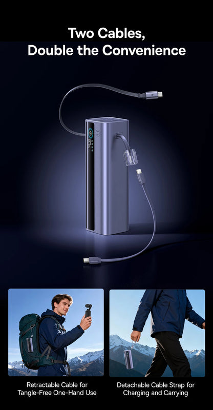 Baseus 200W 25000mAh Power Bank Dual Retractable USB-C Cables 4-Device Fast Charge Portable External Battery Charger For Laptop