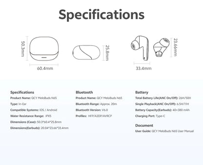 QCY HT21 Wireless Earphones Melobuds N65 -60dB AI Adaptive ANC Earbuds Bluetooth 6.0 LDAC Hi-Res Audio 8 Mics 50Hrs Headset