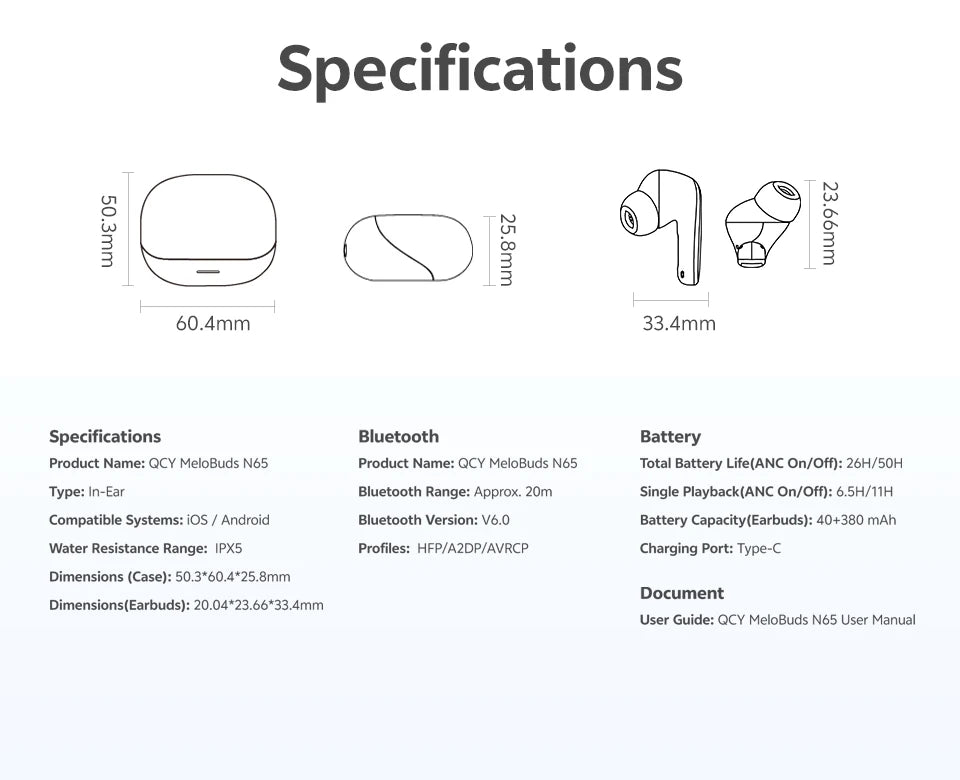 QCY HT21 Wireless Earphones Melobuds N65 -60dB AI Adaptive ANC Earbuds Bluetooth 6.0 LDAC Hi-Res Audio 8 Mics 50Hrs Headset