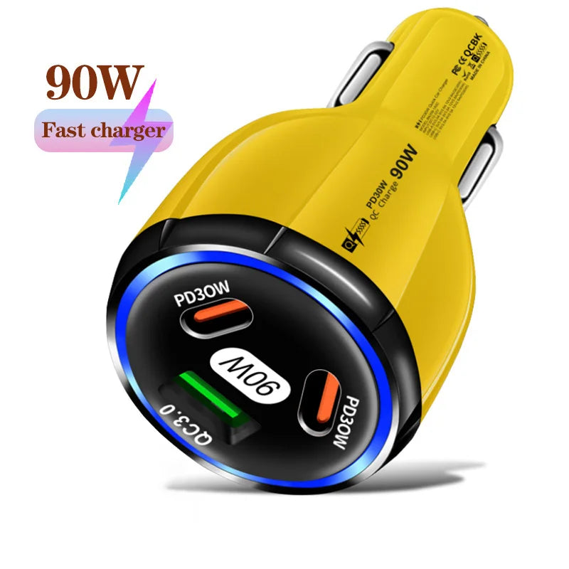 90W 3 Port Car Charger Super Fast Charger QC3.0 PD30W PPS High-Power Cigarette Lighter Fast Charger for iPhone/Huawei/Samsung