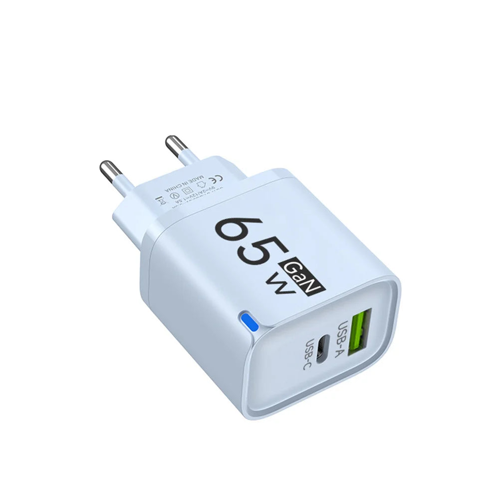 GaN 65W USB Type C Fast Charger 2 in 1 Portable Phone Wall Charger Quick Charge EU US UK Plug For iPhone Samsung Xiaomi Huawei