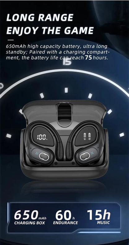Sports Bluetooth Earphones Waterproof Wireless Headphones 75hrs Music with ENC Noise Cancellation Mic Soft Earhook TWS Earbuds
