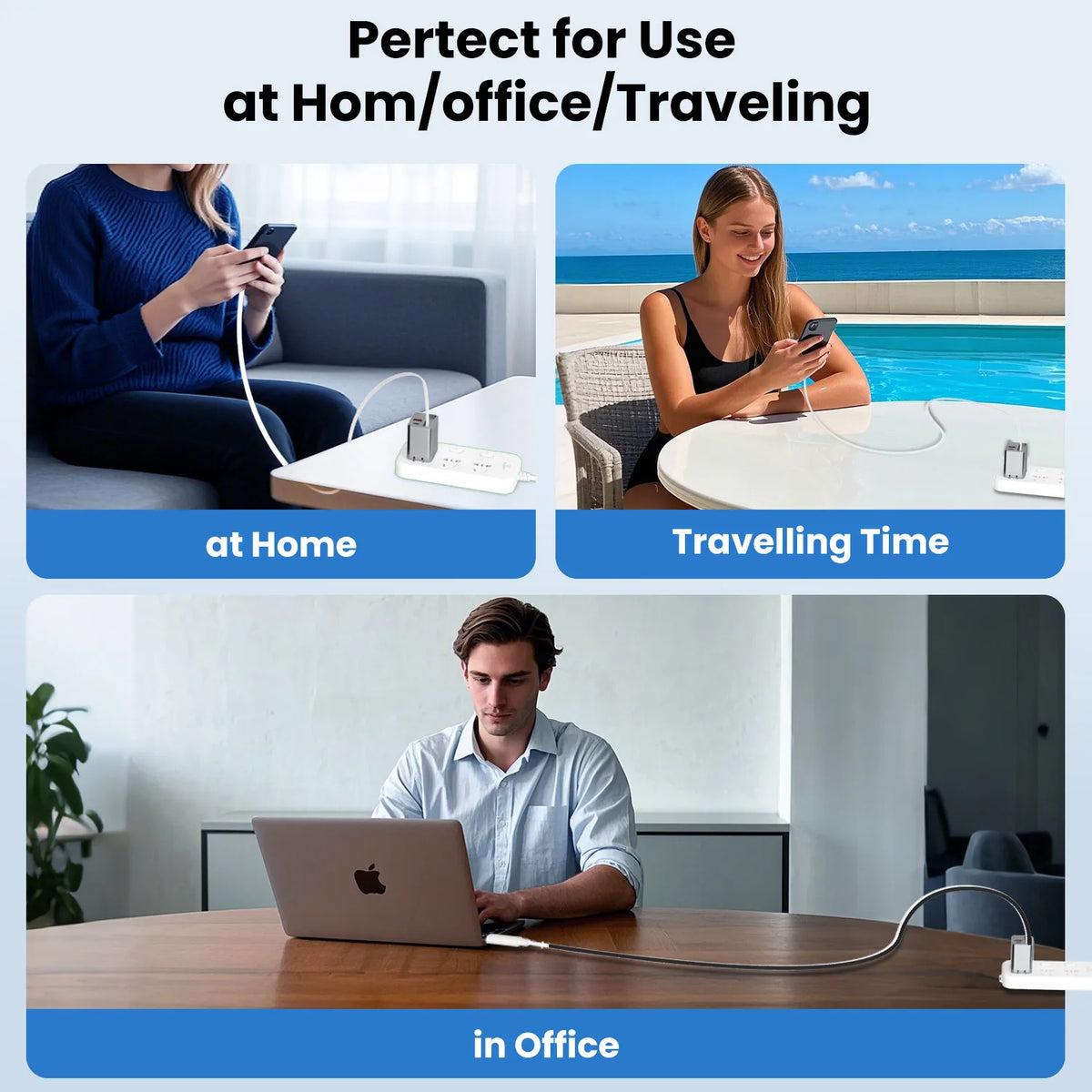 3 IN 1 65W Fast Charging Power Adapter USB C Wall Charger, PD Power Adapter + QC Wall Plug Multiport USB A