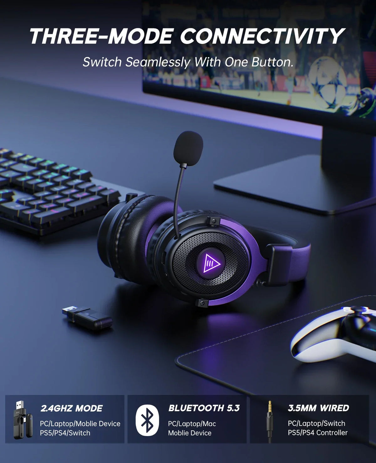 Oneodio EKSA E900 WT 2.4G Wireless Gaming Headset Tri-Mode Over Ear Bluetooth Headphones Gamer With Mic RGB For PC PS4 PS5 80Hr