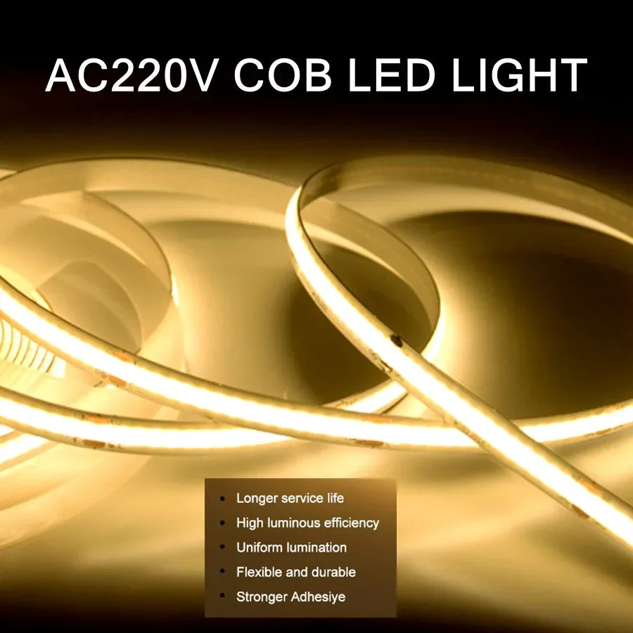 AC220V 240LEDs/M COB LED Strip Light Flexible Tape Lights Smart IC No Need Driver High Bright Linear Lighting RA95 Warm White