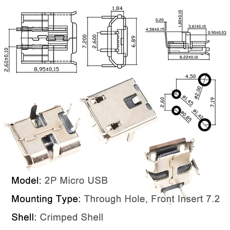 10PCS Micro USB Android Female Charging Socket, Flat Edge Crimped Type, 5Pin, 4 Mounting Pins, SMD & DIP Tail Connector