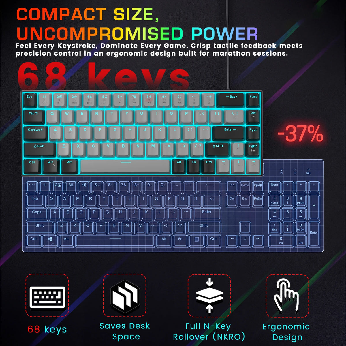 FocusOnPC MK-BOX Portable 60% Mechanical Gaming Keyboard, 68 Keys Compact Wired Keyboard with LED Backlight for Gaming & Office, Compatible with PC, Laptop & Mac, Free Random Mouse Pad Included