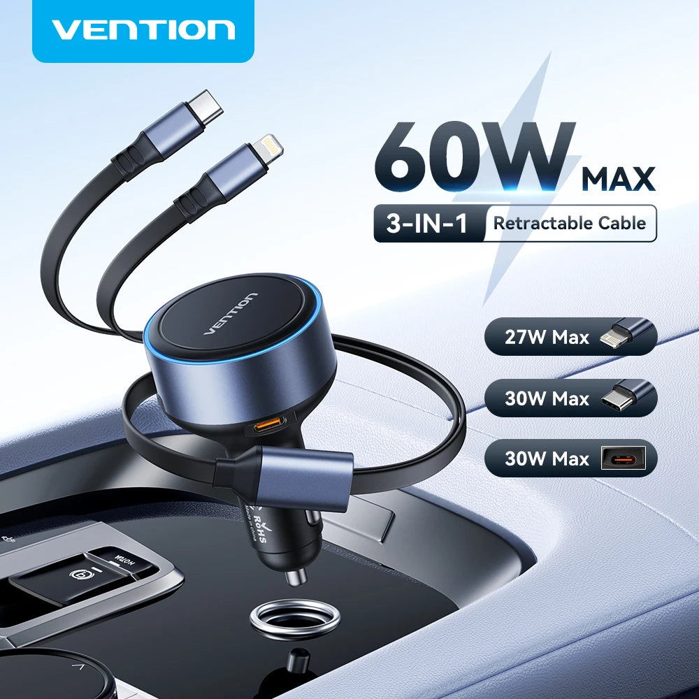 Vention 60W Retractable Car Charger 3 in 1 PD 30W QC 3.0 Fast Charging for iPhone 17 16 Samsung Tablet Cord Cigarette Adapter