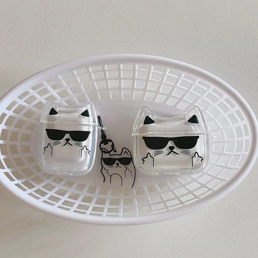 Cute Cartoon Sunglasses Cat Earphone Case For Airpods Pro 2 Bluetooth Headphone Cover For AirPods 4 3 2 Protective Case Keychin