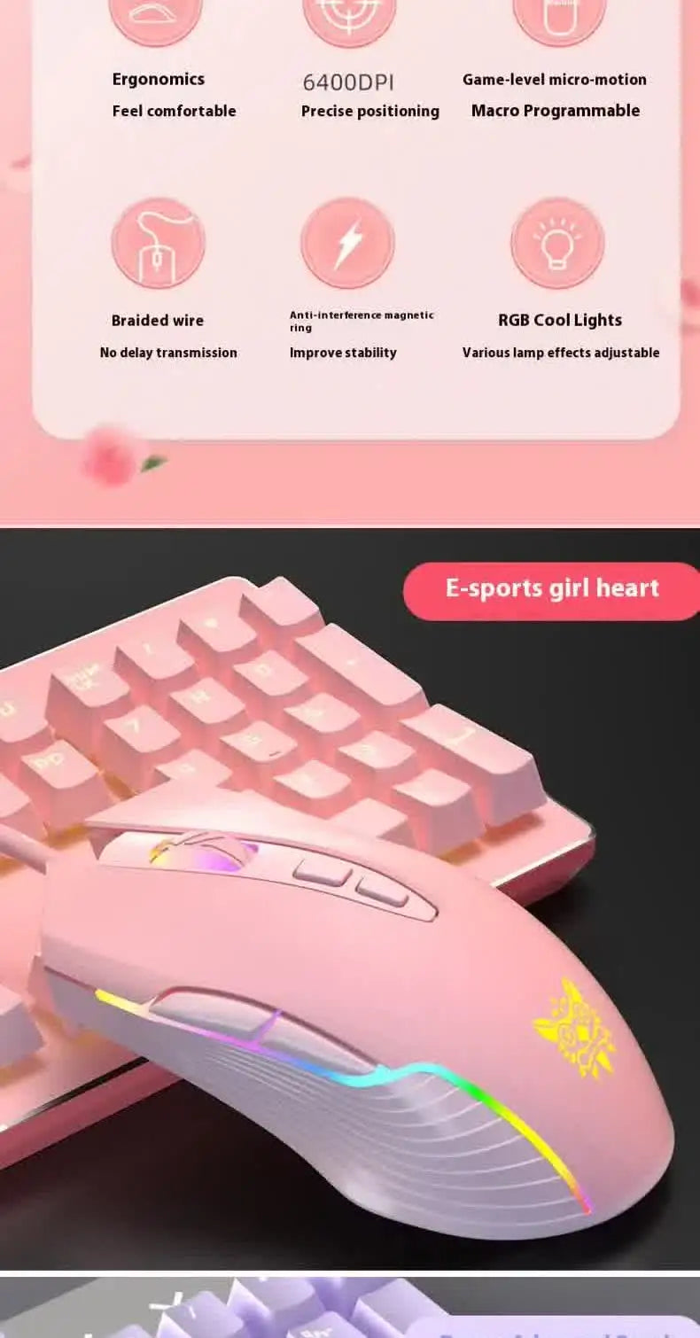 RGB Gaming Mouse Pink Cute Mouse 6400 DPI Wired Optical Mouse with Cool Lighting Mice for Home Office Notebook PC