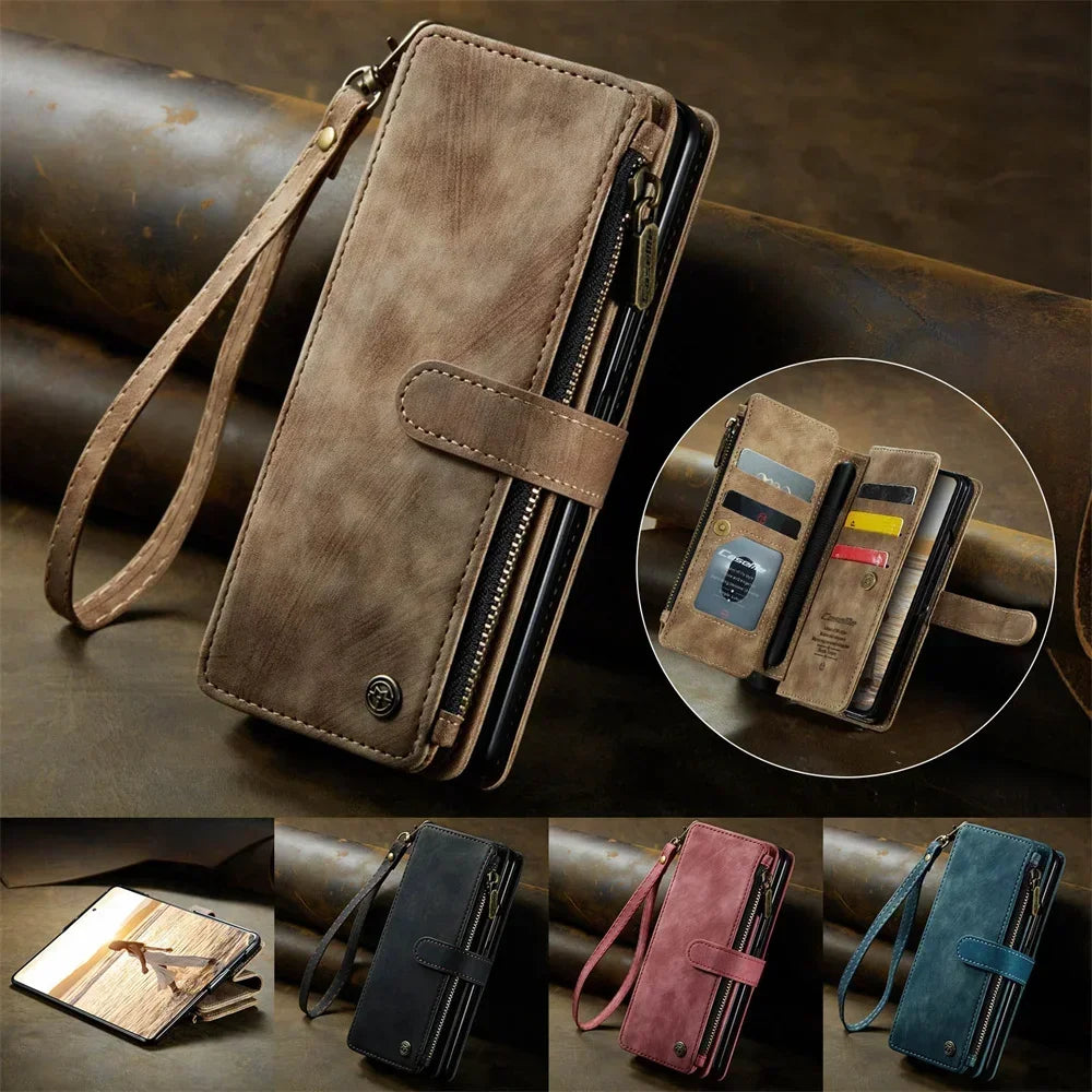 Leather Case for Samsung Galaxy Z Fold 8 7 6 Fold 5 4 3 Flip Purse Book Coque Retro Wallet Vintage Card Slots S-pen Holder