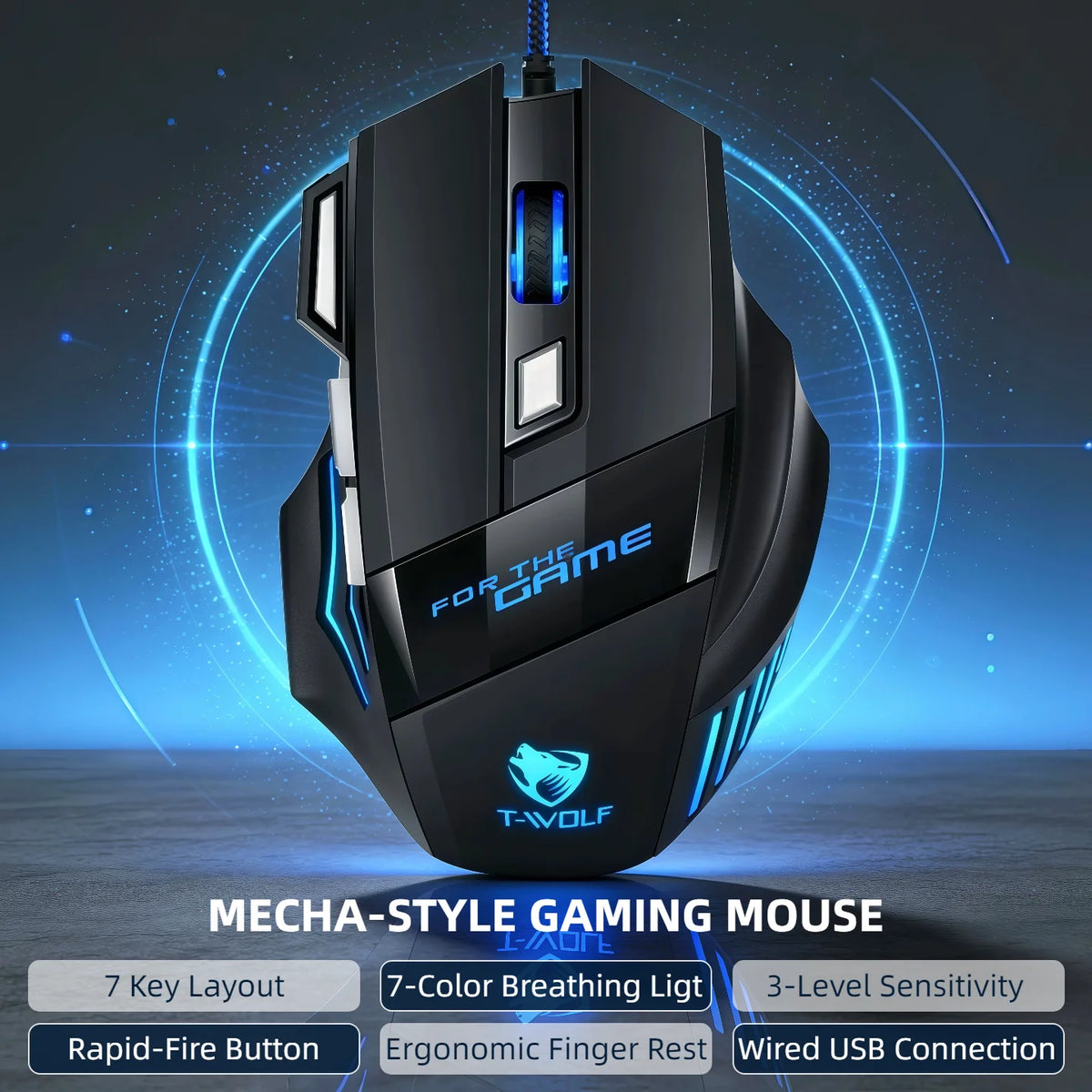 T-WOLF Wired Gaming Mouse 7 Buttons RGB Backlit Mouse Fire Button 2400 DPI Adjustable Ergonomic Optical Mouse for PC Laptop Gamer Professional