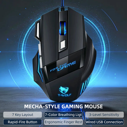 T-WOLF Wired Gaming Mouse 7 Buttons RGB Backlit Mouse Fire Button 2400 DPI Adjustable Ergonomic Optical Mouse for PC Laptop Gamer Professional