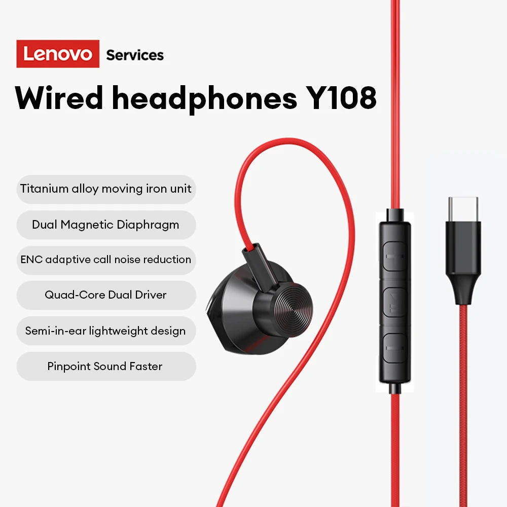 NEW Lenovo Y108 Wired Earphones Semi-In-Ear E-Sports Headphones 3.5mm Type-C Noise Reduction Stereo Music Earbuds 1.25M with Mic