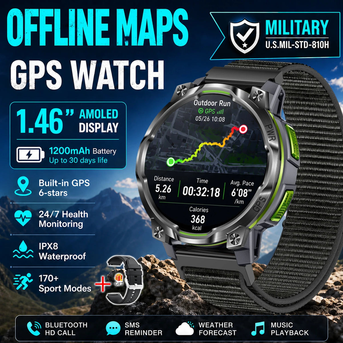 Men Outdoor GPS Smartwatch Offline Map 107 Sport Modes 1200mAh Battery BT Call Heart Rate BP SpO2 Fitness Sports Wrist Watch