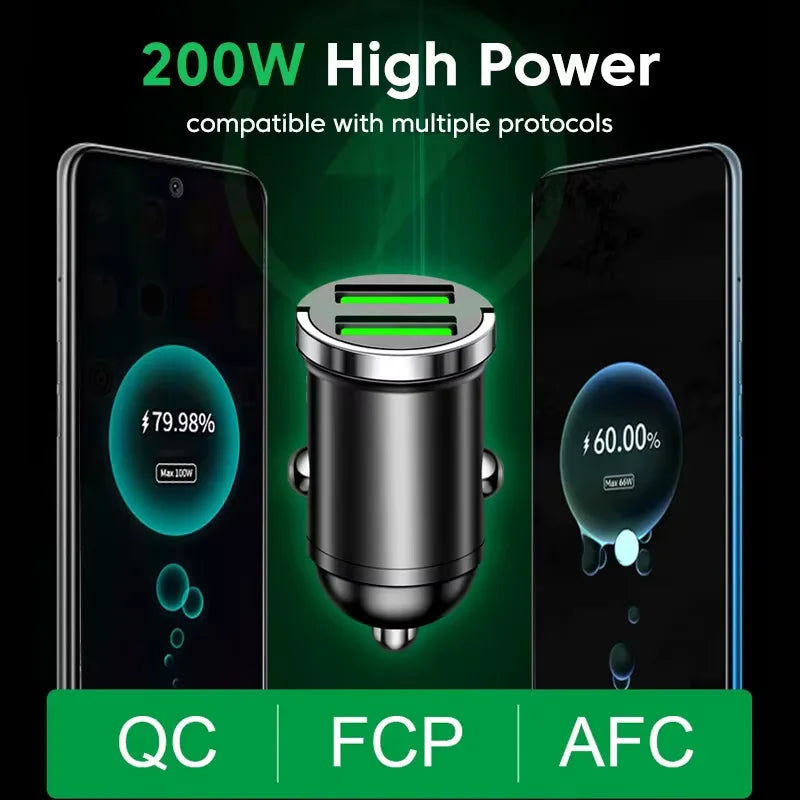 100W/200W QC3.0 PD Mini Car Charger 12-24V Lighter Fast Charging Car USB Type C Charger for Xiaomi Samsung Huawei iPhone Power