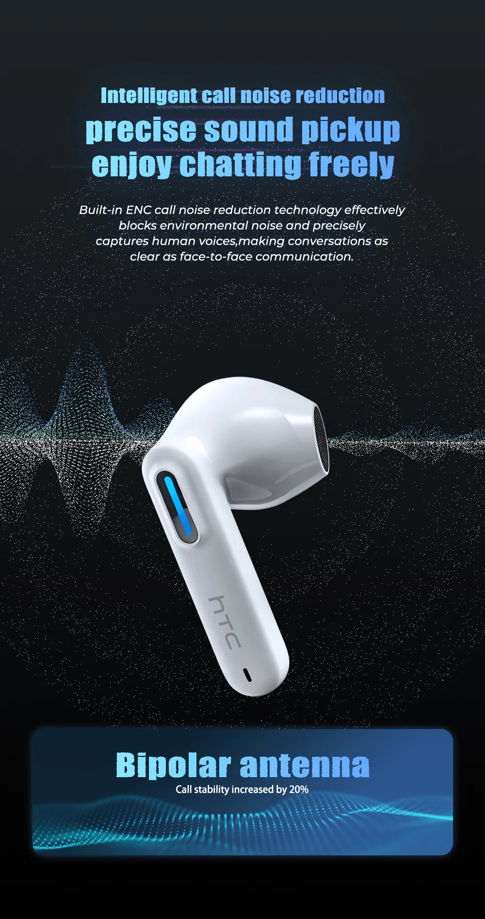 HTC Wireless Bluetooth Earphones Low Latency Gaming Headphones USB-C 30Hrs Playback Comfortable Earbuds With Noise Canceling Mic