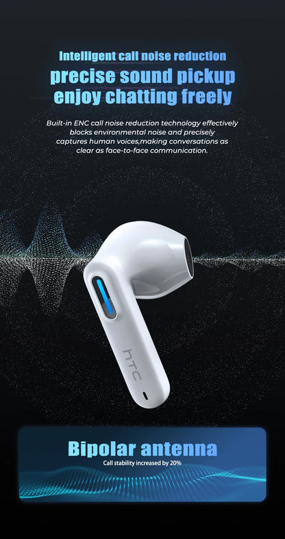 HTC Wireless Bluetooth Earphones Low Latency Gaming Headphones USB-C 30Hrs Playback Comfortable Earbuds With Noise Canceling Mic