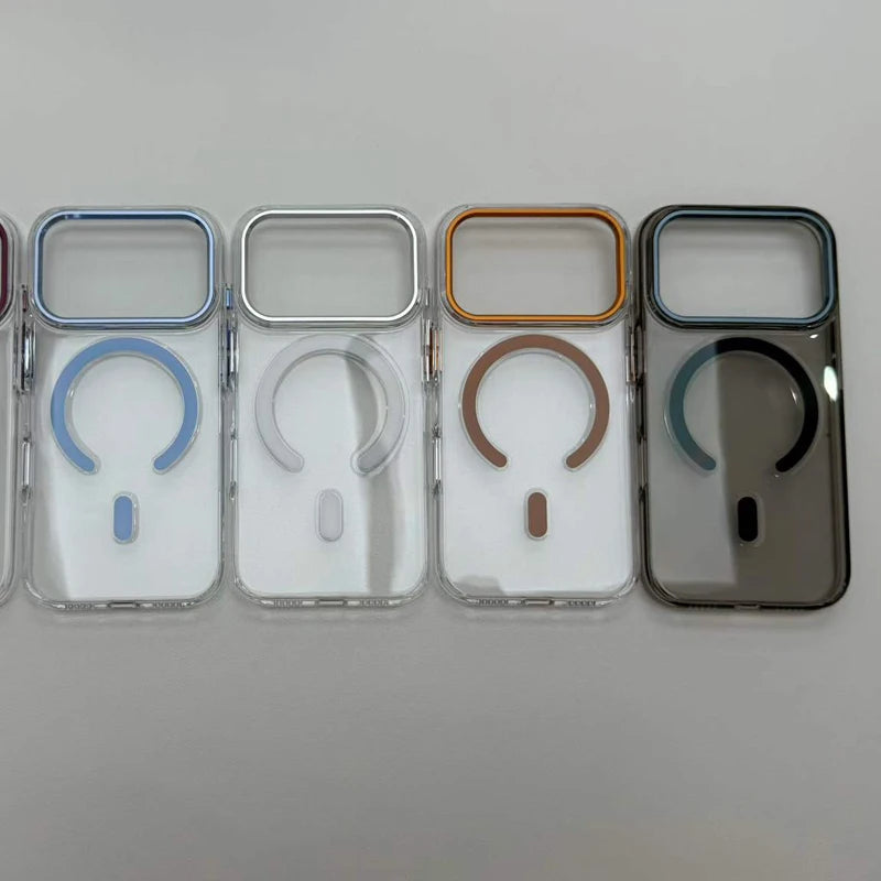 Transparent Wireless Charging for Magsafe Case for iPhone 18Pro 17 16 17Pro Max Alloy Lens Clear Shockproof Hard Armor Cover