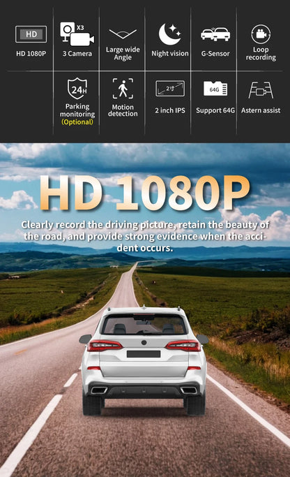 3 Channels Dash Camera For Cars HD 1080P Video Recorder 3 Lnes Front Inside Rear View Camera Night Vision Loop Recording Black B