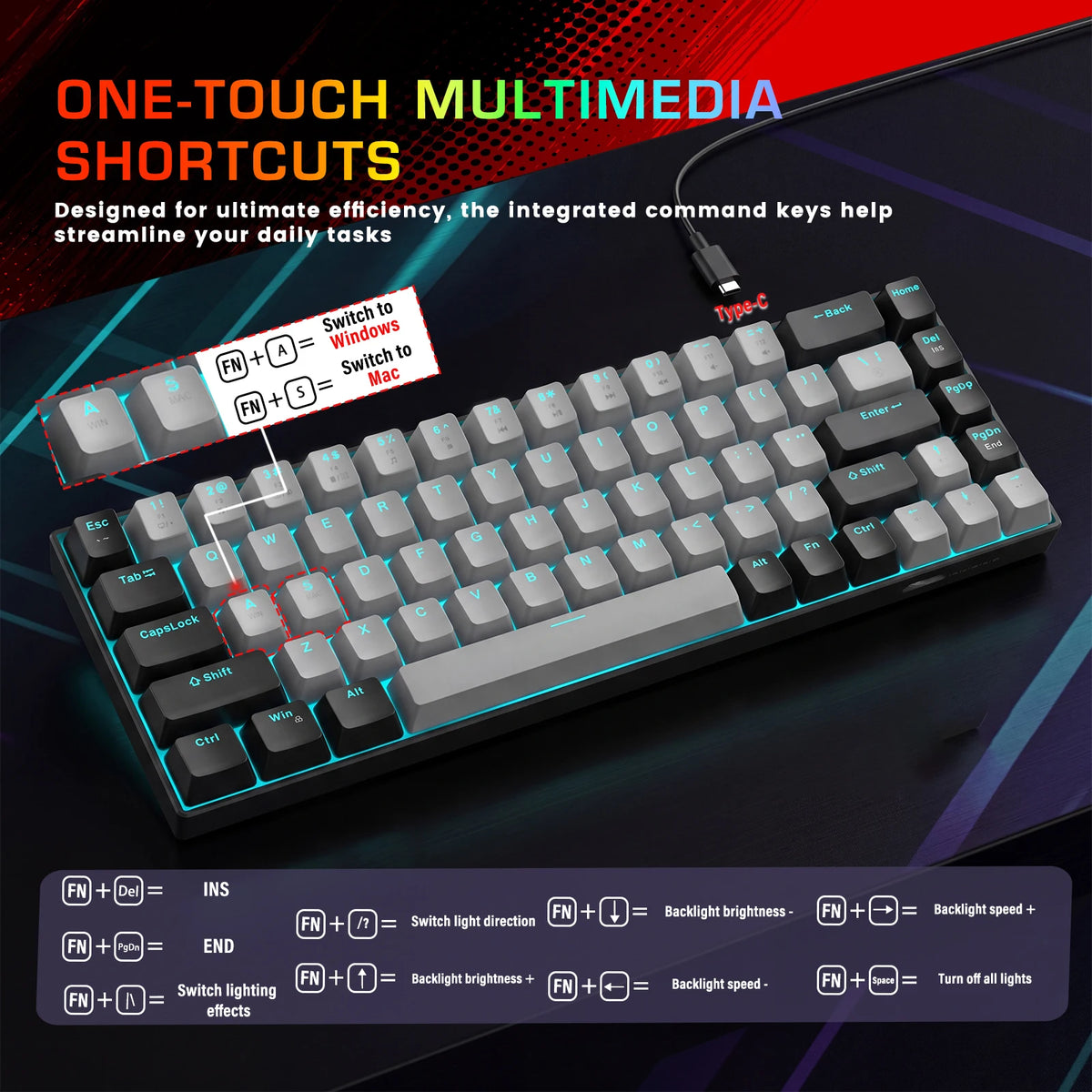 FocusOnPC MK-BOX Portable 60% Mechanical Gaming Keyboard, 68 Keys Compact Wired Keyboard with LED Backlight for Gaming & Office, Compatible with PC, Laptop & Mac, Free Random Mouse Pad Included