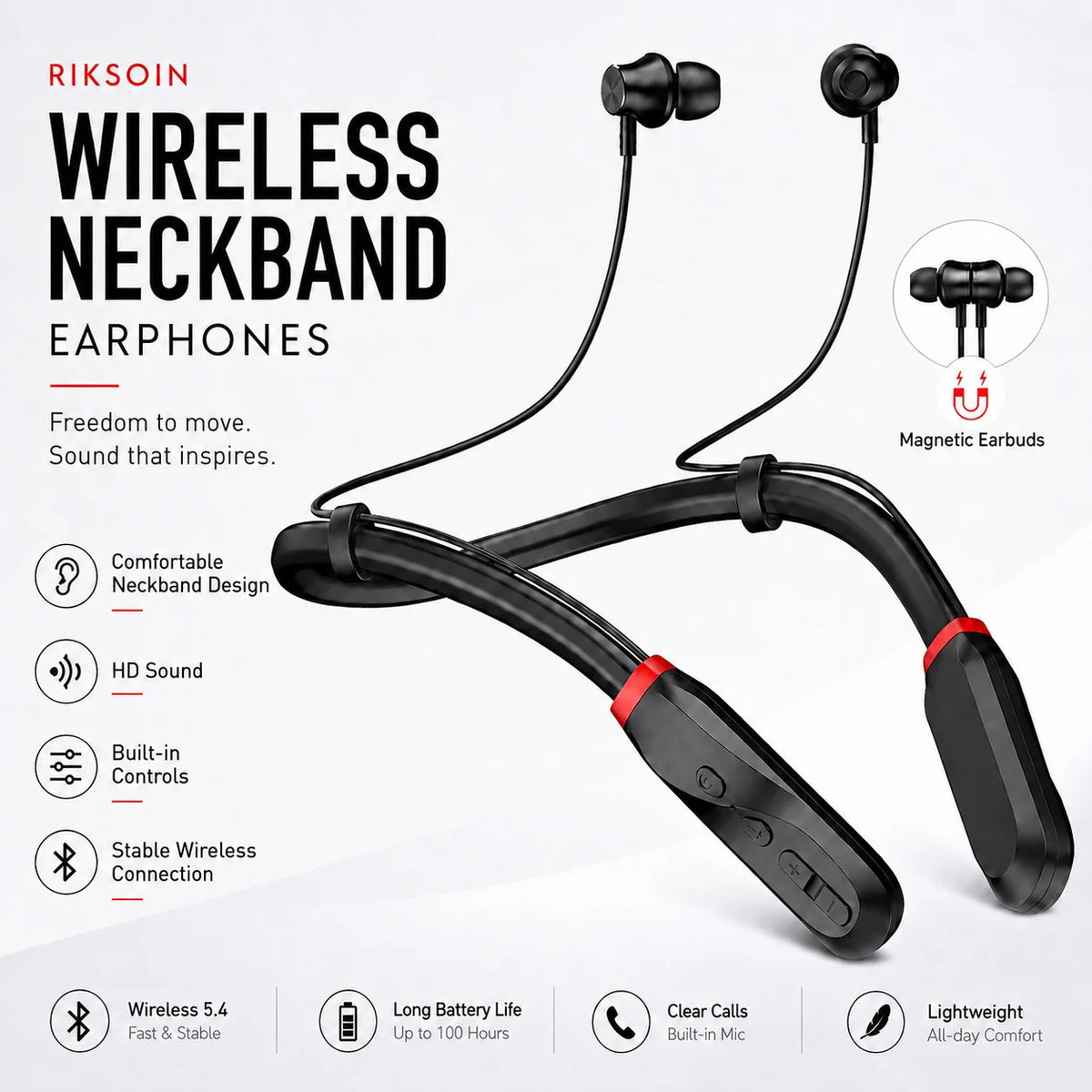 Bluetooth 5.4 Neckband Wireless Earbuds with Mic, 100H Standby Stereo Magnetic Sports Headphones for Running, Gym, Travel, Phone