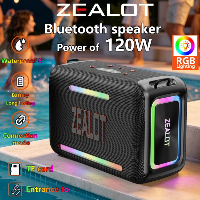 ZEALOT S95 120W Portable Bluetooth Speaker High Volume Waterproof 24000mAh Wireless TWS Subwoofer Suporrt USB/TF/AUX RGB Light.