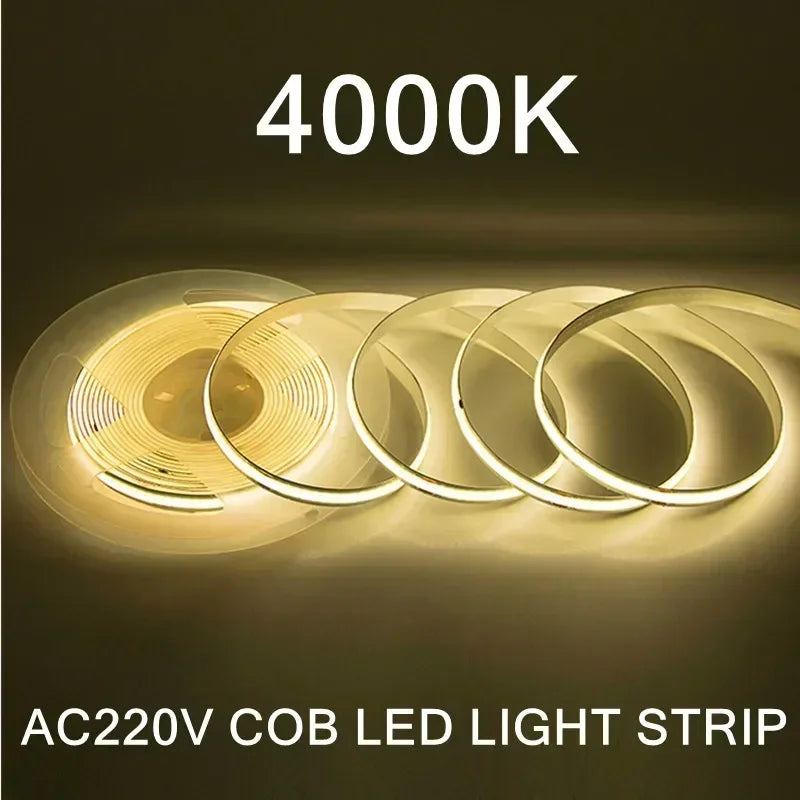 AC220V COB LED Strip Light Flexible Tape Lights Smart IC No Need Driver High Bright 240 LEDs Linear Lighting RA95 Warm White 5m