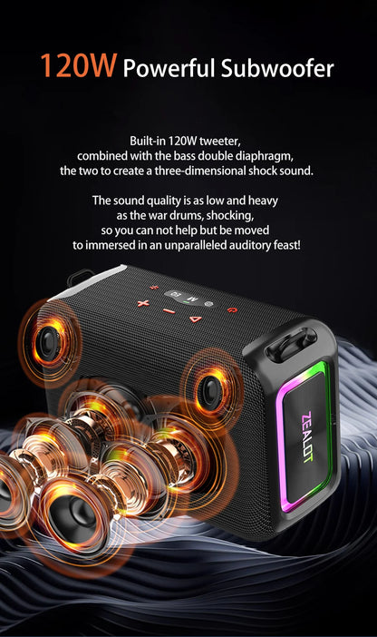 ZEALOT S95 120W Portable Bluetooth Speaker High Volume Waterproof 24000mAh Wireless TWS Subwoofer Suporrt USB/TF/AUX RGB Light.