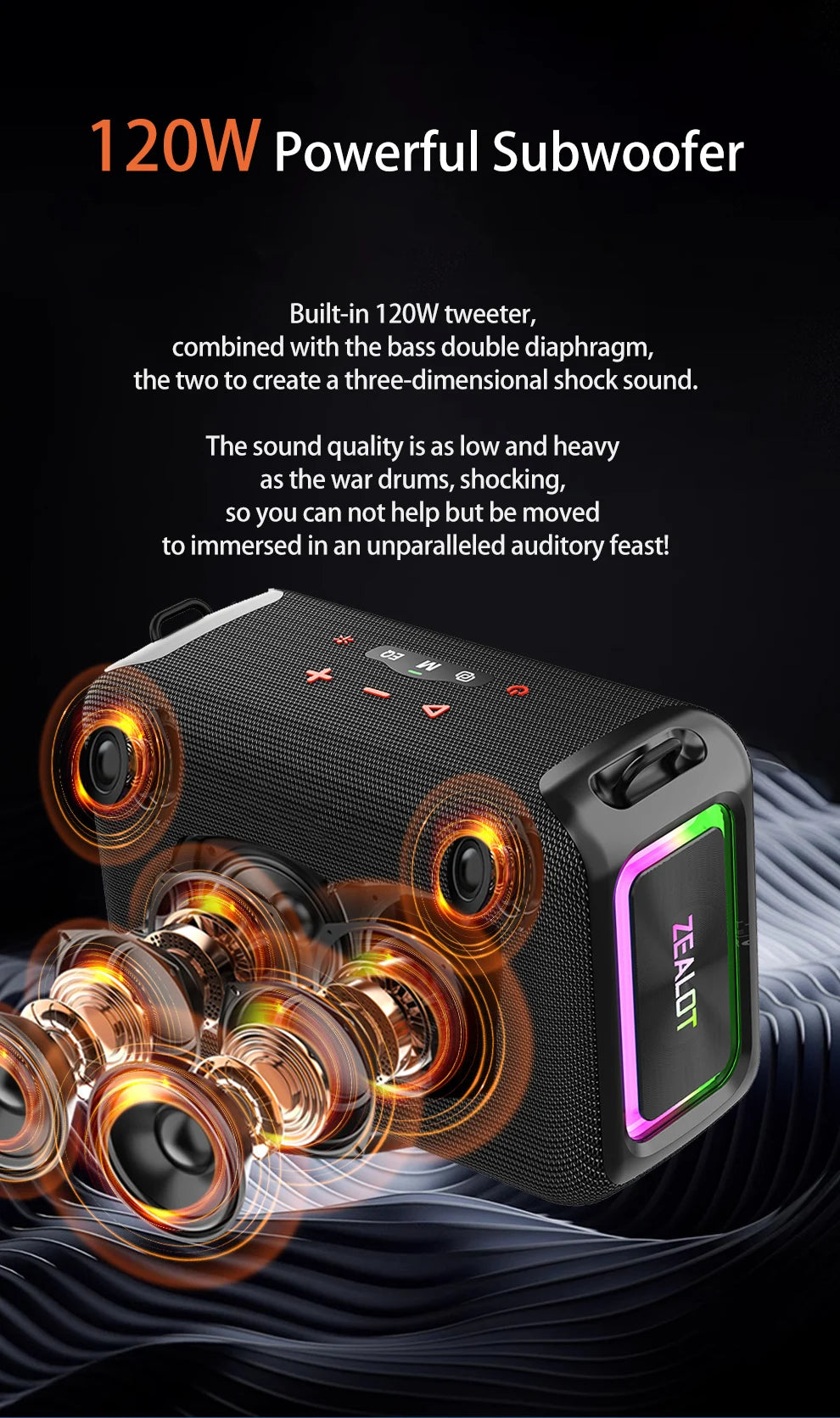 ZEALOT S95 120W Portable Bluetooth Speaker High Volume Waterproof 24000mAh Wireless TWS Subwoofer Suporrt USB/TF/AUX RGB Light.