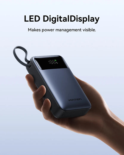 Vention 65W Power Bank 20000mAh Built-in USB-C Cable Portable Powerbank for Laptop PD Fast Charger for iPhone 18 Samsung S26 S25