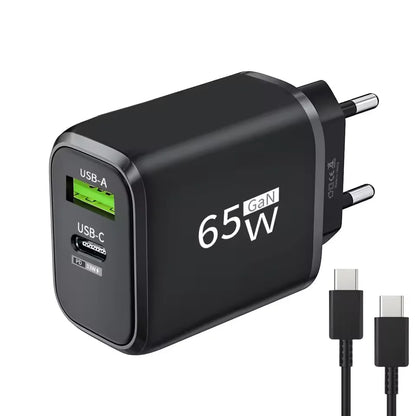 PD 65W GaN 2 In 1 Charger  for iPhone 18 17 XiaomiEU/US Plug USB Type C Fast Charging Wall Charger Portable Quick Charge Adapter