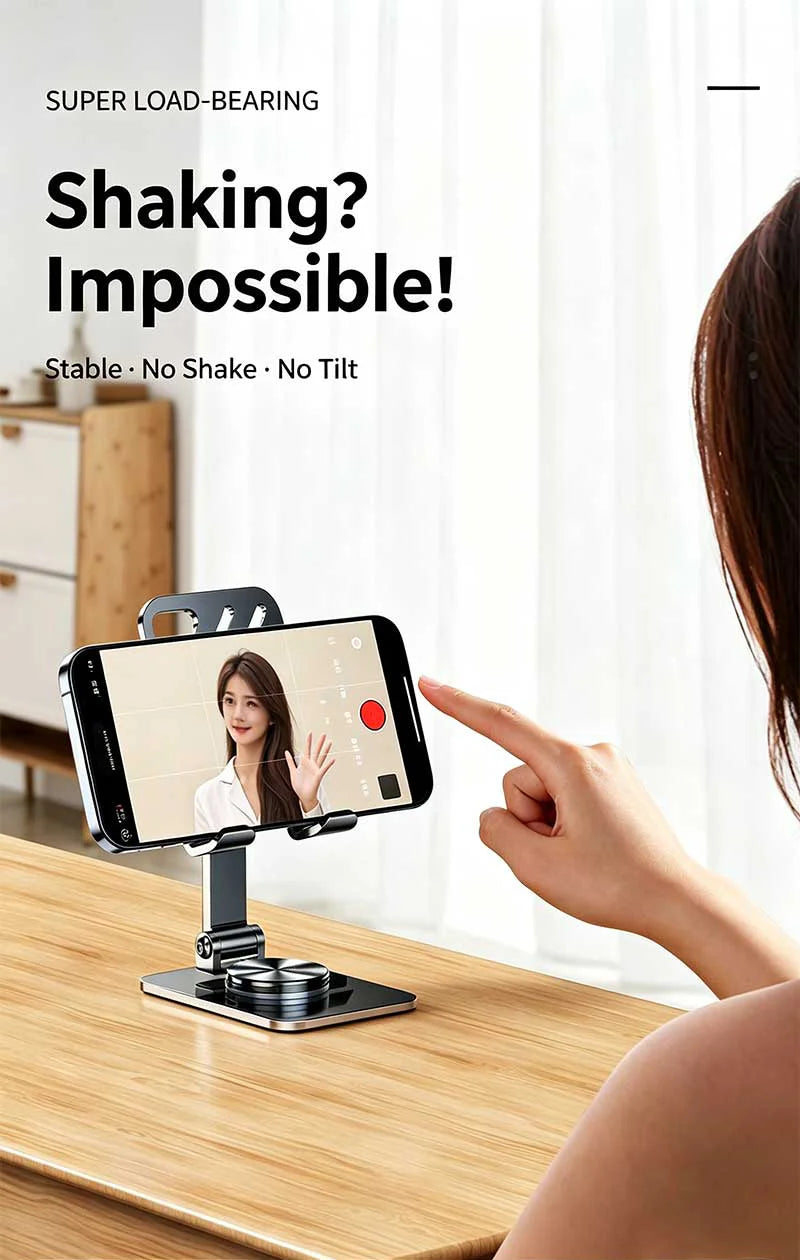 Mobile Phone Stand - Metal Desk Stand - 360° Rotating and Folding Desktop Stand for Easy Storage of Mobile Phones and Tablets