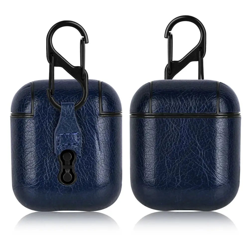PU Leather Earphone Case for AirPods 1/2 Gen Earbuds Cover Wireless Headphone Protective Shell with Carabiner