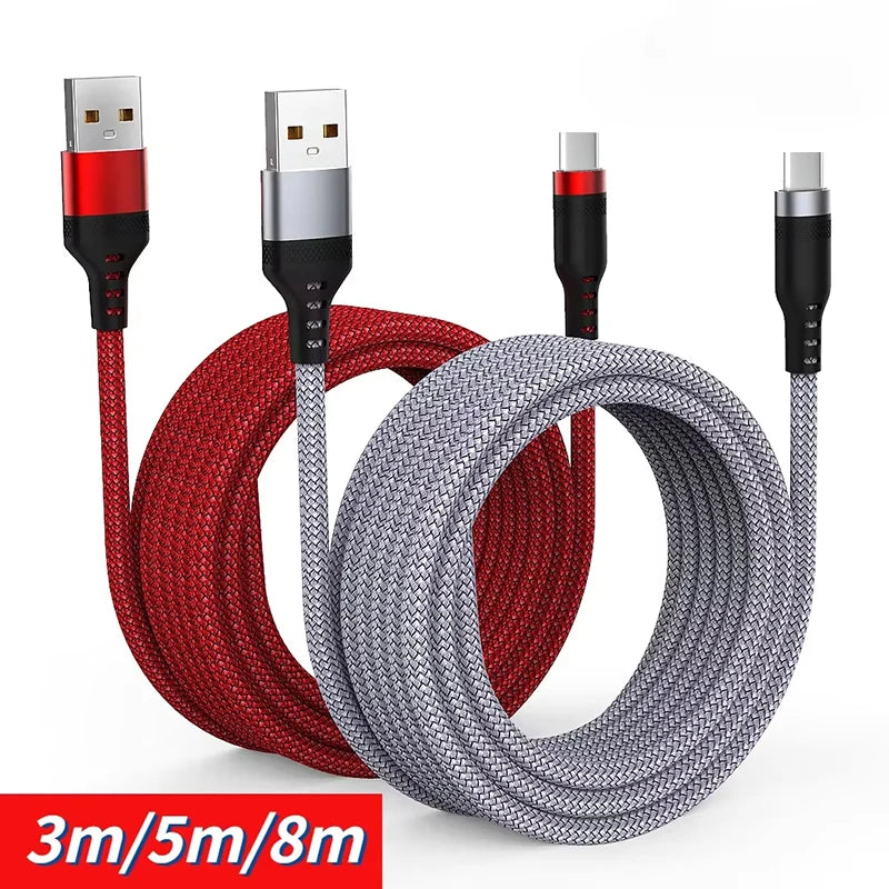 USB A to Type C Charging Extended Cable 6A Fast Charger Nylon Data Cable 1/3/5/8m For iPhone Samsung Type USB C Charging Device