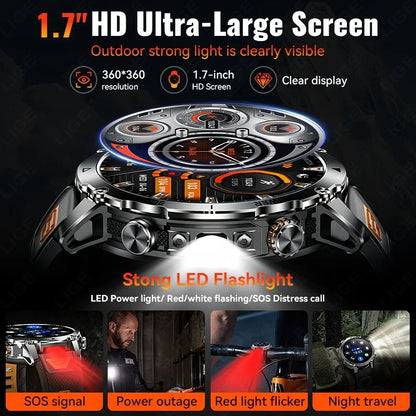 LIGE New 1400mAh Battery Smart Watch Men BT Call Waterproof Heart Rate Monitor Flashlight & SOS Red Light Sports Smartwatch Men
