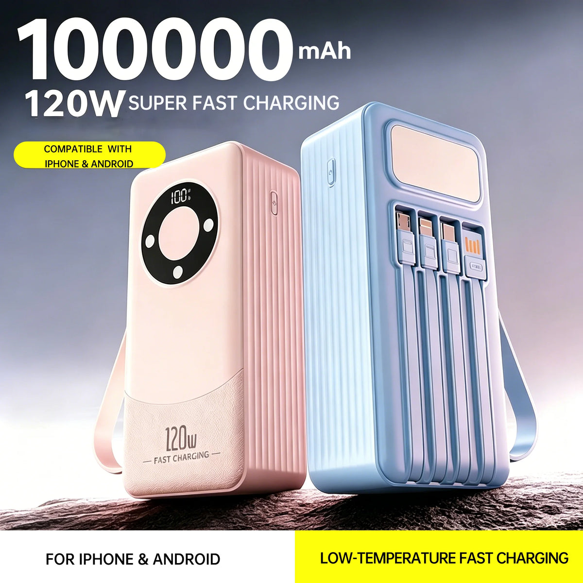 Oloey 2026 100000mAh Power Bank, 120W Super Fast Charging, Large Capacity, Built-in 4 Cables, Portable External Battery Charger