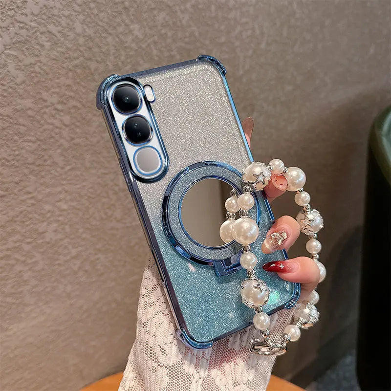 Bling Glitter Lipstick Mirror Stand Phone Case For Vivo Y31 5G Y21D With Pearl Chain Girls Women's Anti-drop Shockproof Cover