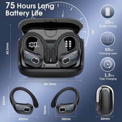 Sports Bluetooth Earphones Waterproof Wireless Headphones 75hrs Music with ENC Noise Cancellation Mic Soft Earhook TWS Earbuds