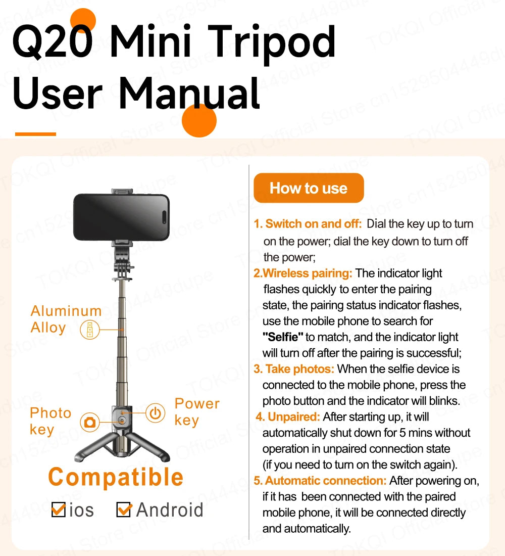 TOKQI Mini Selfie Stick Tripod with 3 Color Fill Light Detachable Holder 360 Rotation Bluetooth Remote for Vlog Live Streaming