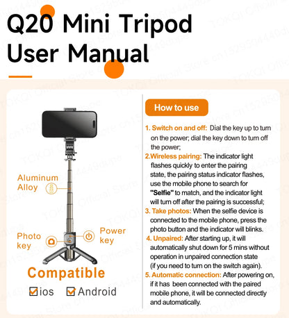 TOKQI Mini Selfie Stick Tripod with 3 Color Fill Light Detachable Holder 360 Rotation Bluetooth Remote for Vlog Live Streaming