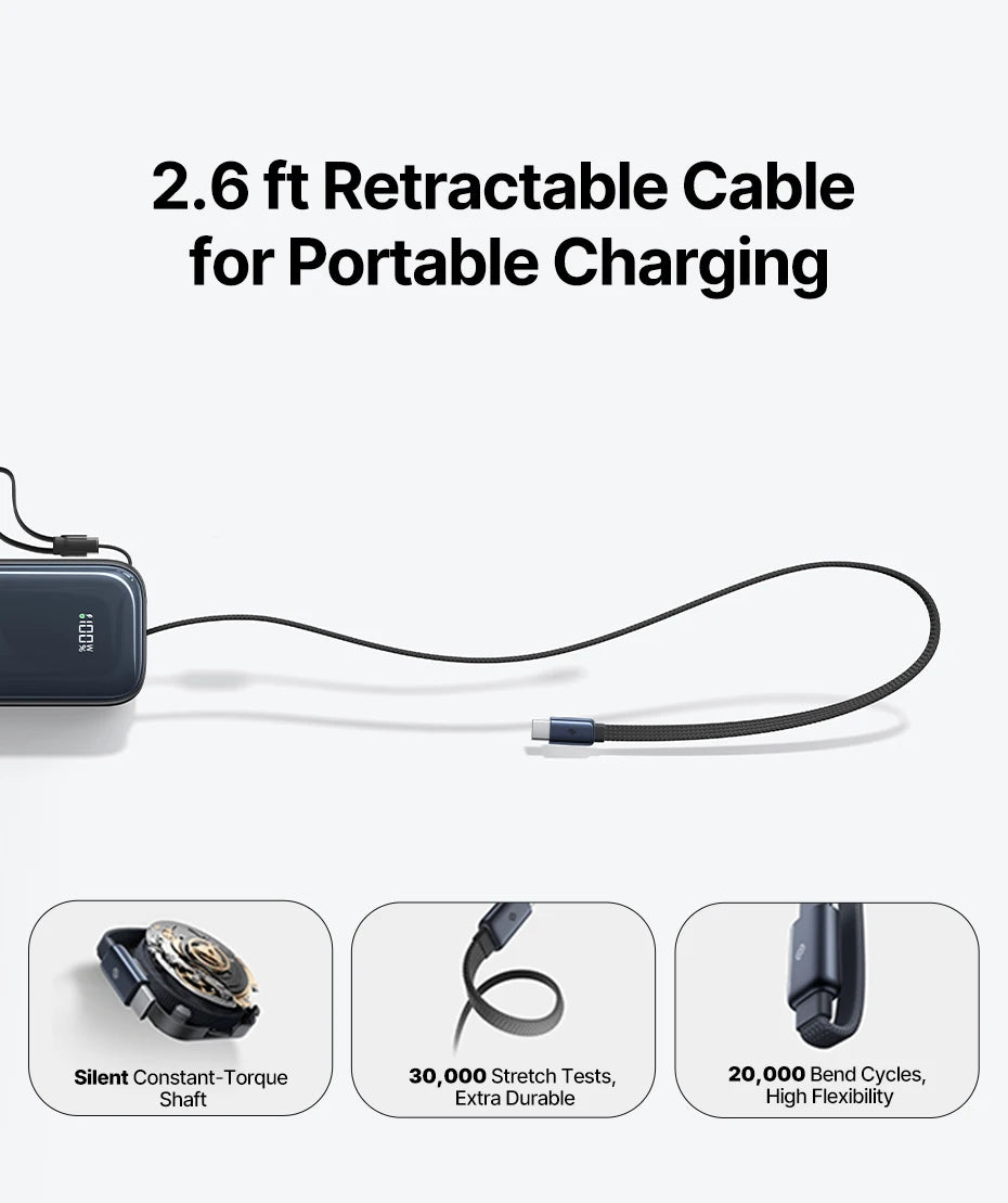 Baseus 100W 20000mAh Power Bank Retractable USB-C Cable for iPhone 18 Duo 17 Pro Max Samsung S26 Portable Charger for Laptop
