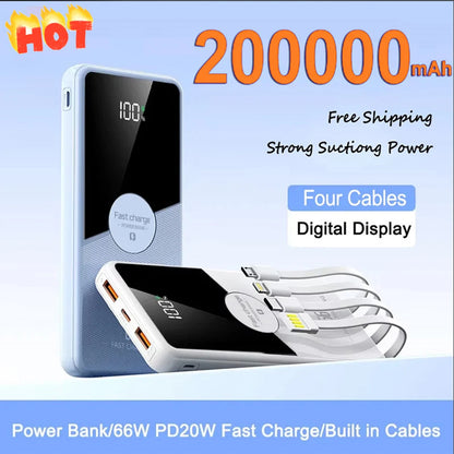 PowerBank 200000mAh Large Capacity with 4 Cables Fast Charging Portable Battery Charger for IPhone16 15 14 Samsung Xiaomi